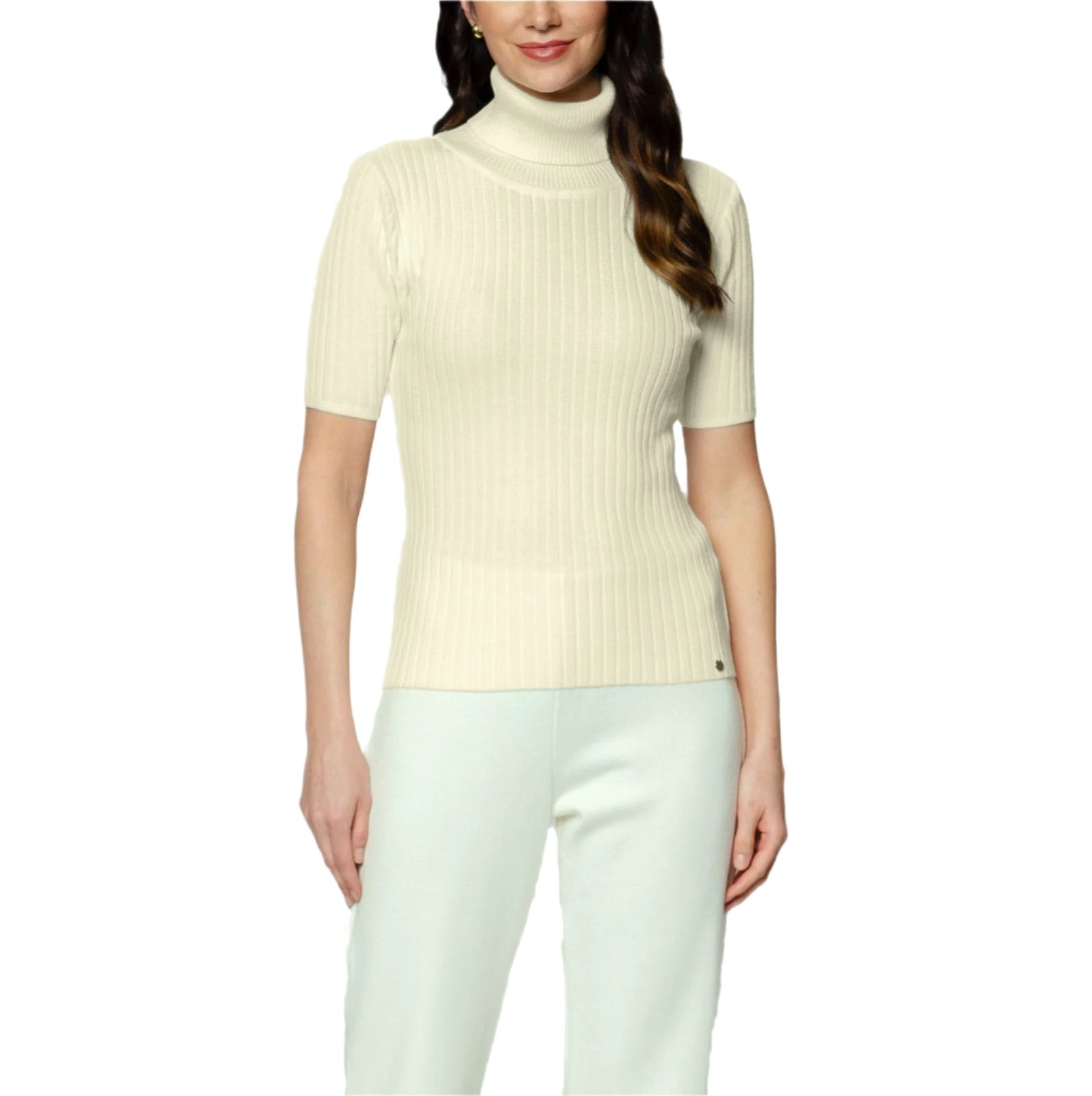 Tory Short Sleeved Rib-Knit Turtleneck, Beige Melange