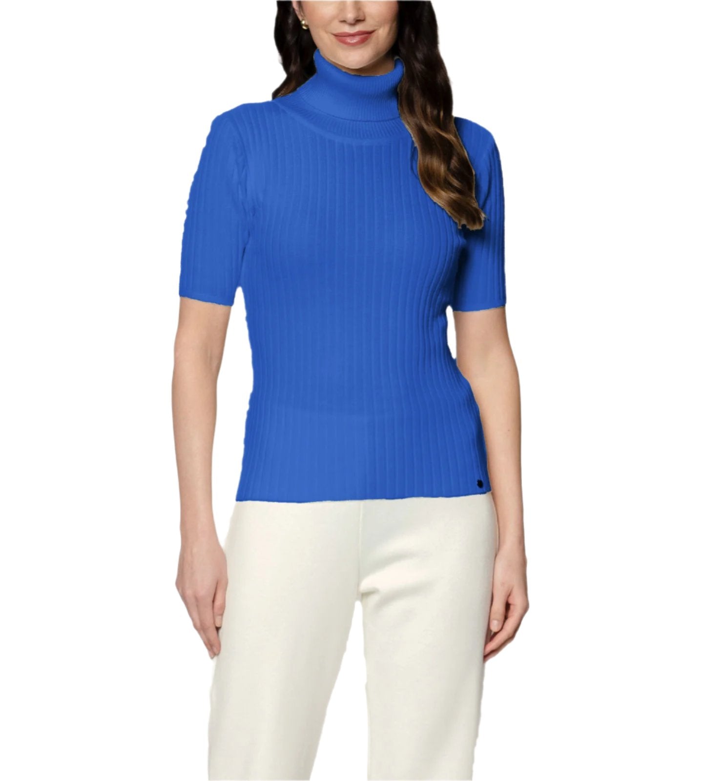 Tory Short Sleeved Rib-Knit Turtleneck, Royal Blue