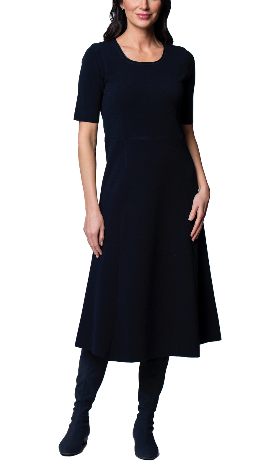 Nora Milano Knit Short Sleeved Fit-And-Flare Midi Dress; Dark Navy