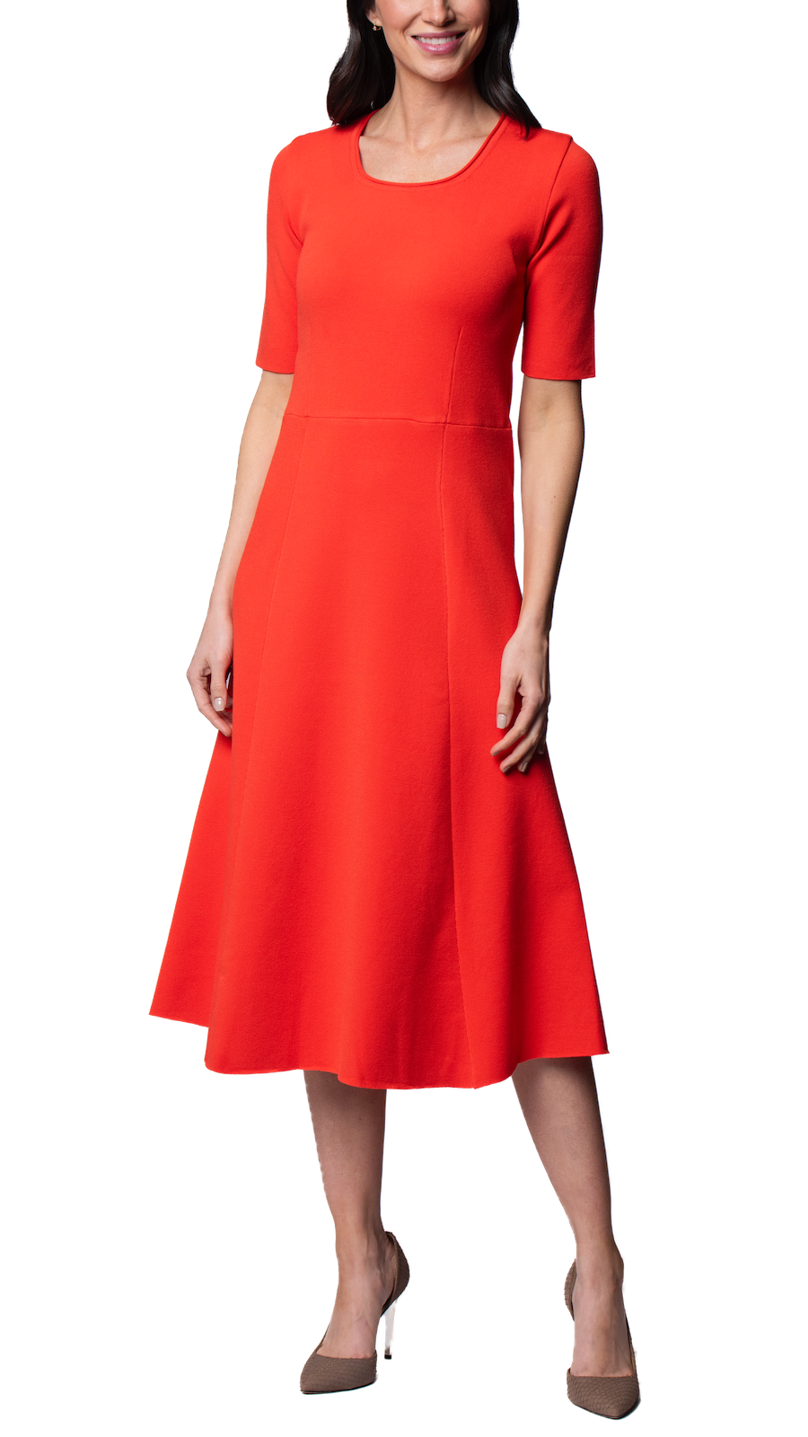 Nora Milano Knit Short Sleeved Fit-And-Flare Midi Dress; Bright Orange