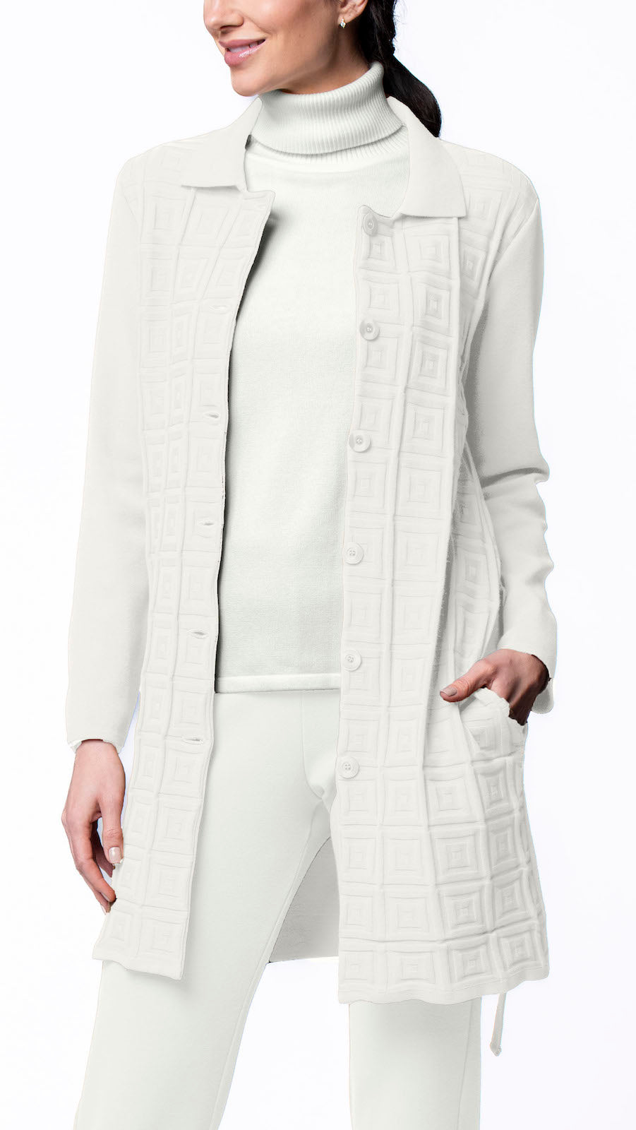 Sydney Square-Detail Knit Car Coat ; Winter White