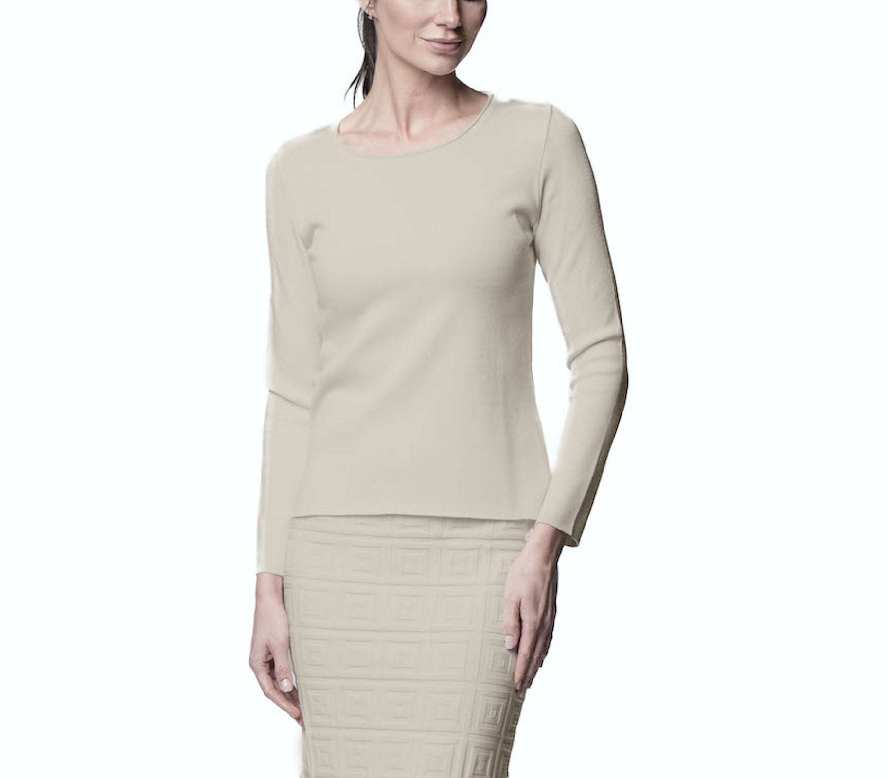 Helen Long Sleeve Crew-Neck Top, Beige Melange