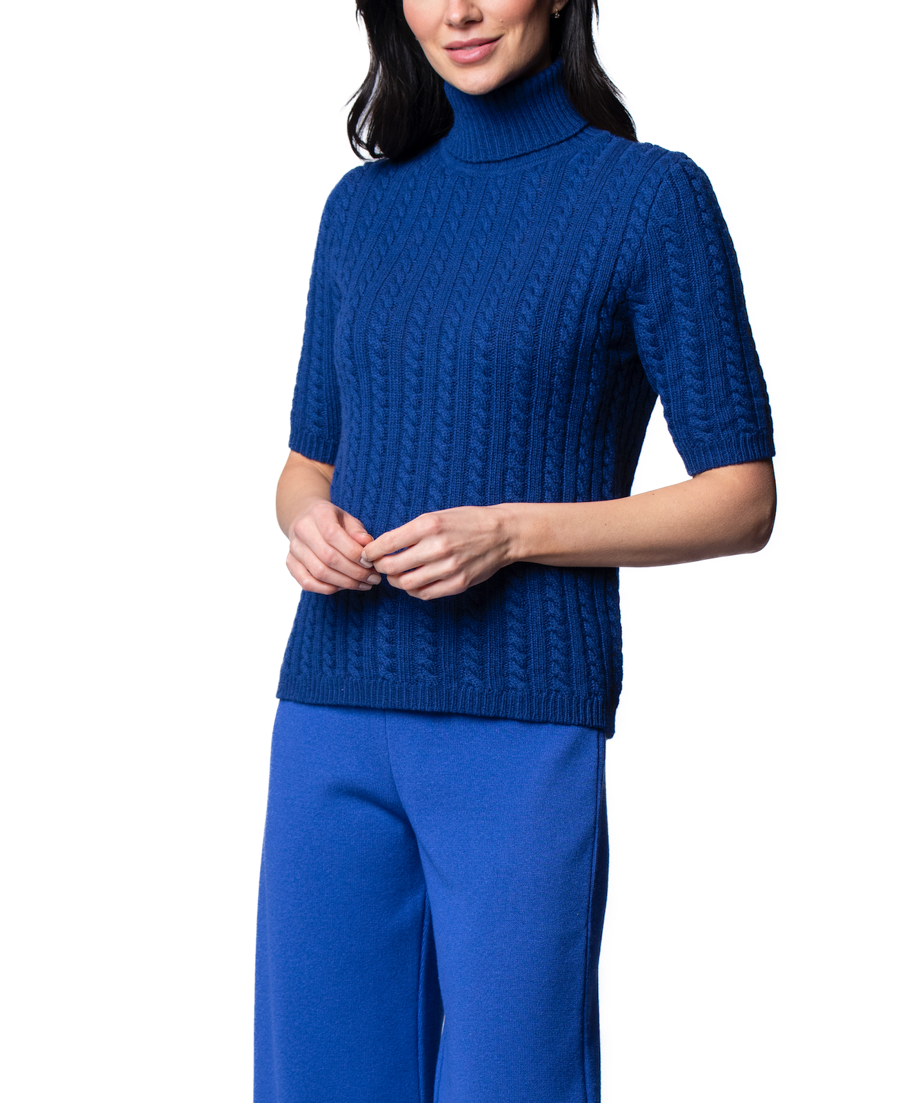 Lilly Short Sleeved Cable-Knit Turtleneck, Dark Royal Blue