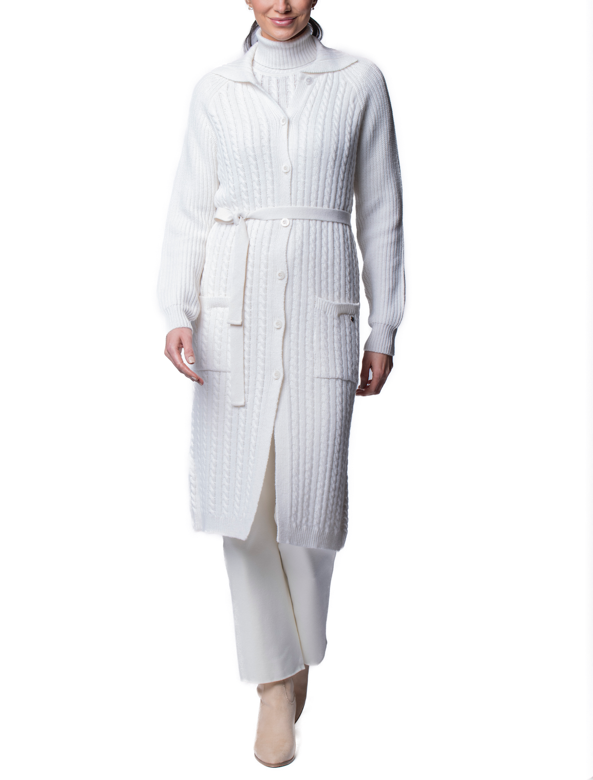 Layla Cable-Knit Belted Coat ; Winter White