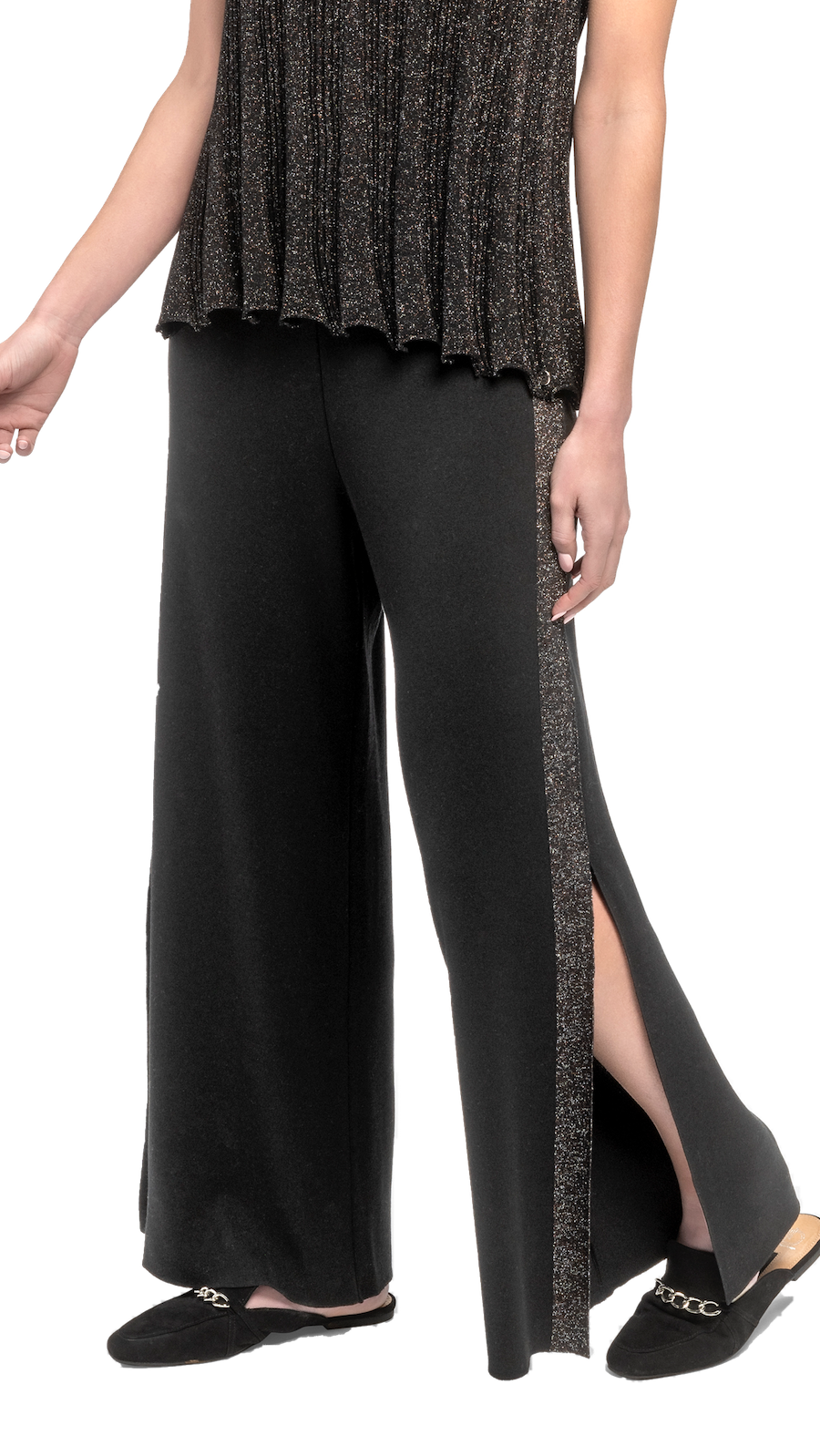 Tracey Wide Leg Milano-knit Pants with Shimmery Side Stripe and a Slit; Black/Black Shimmer