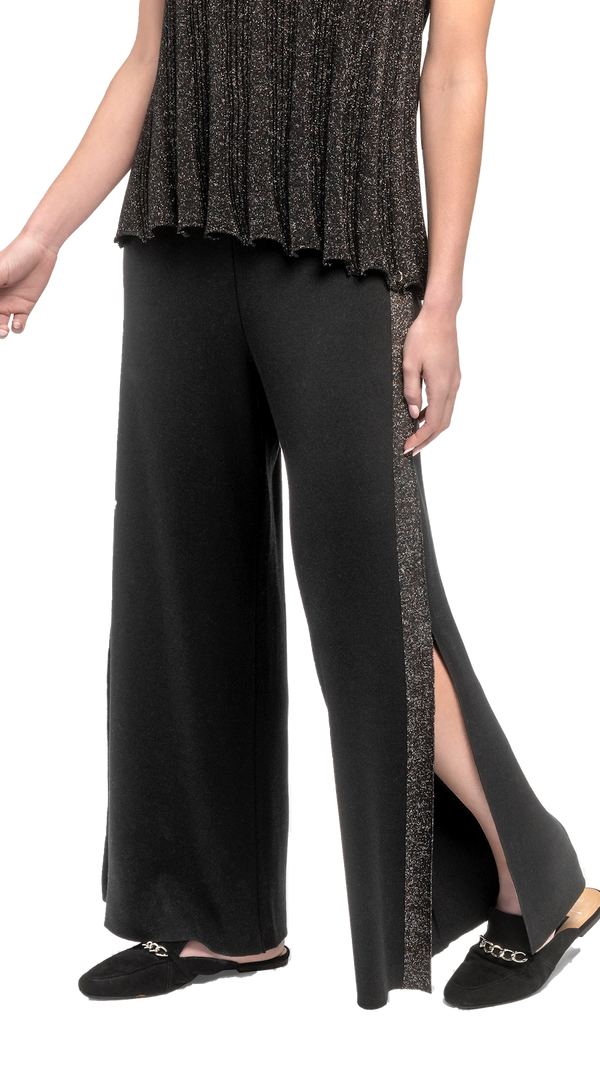 Tracey Wide Leg Milano-knit Pants with Shimmery Side Stripe and a Slit