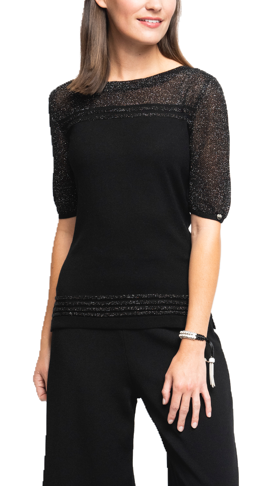 Bella Short Sleeved Top with See-Through Detail on Shoulders and Sleeves; Black/ Black Silver