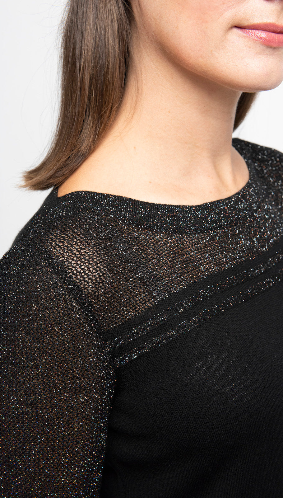 Bella Short Sleeved Top with See-Through Detail on Shoulders and Sleeves; Black/ Black Shimmer